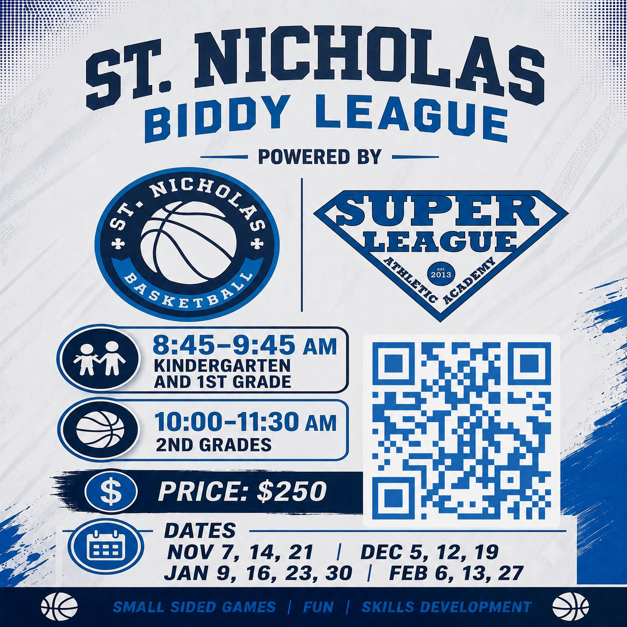 St. Nicholas Biddy League registration flyer with session times, price, dates, and a registration QR code.