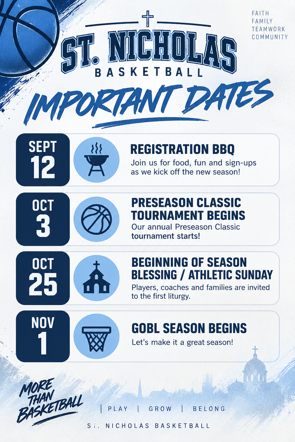 St. Nicholas Basketball important dates flyer: registration BBQ September 12, Preseason Classic begins October 3, Athletic Sunday October 25, and GOBL season begins November 1.