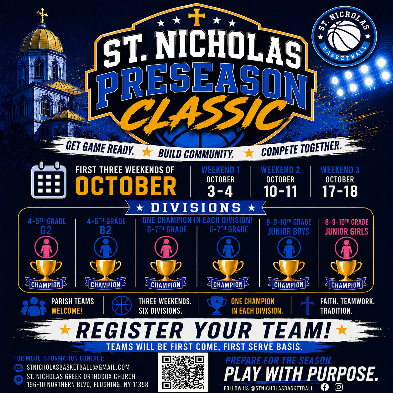 St. Nicholas Preseason Classic flyer with October weekend dates, six basketball divisions, and team registration information.