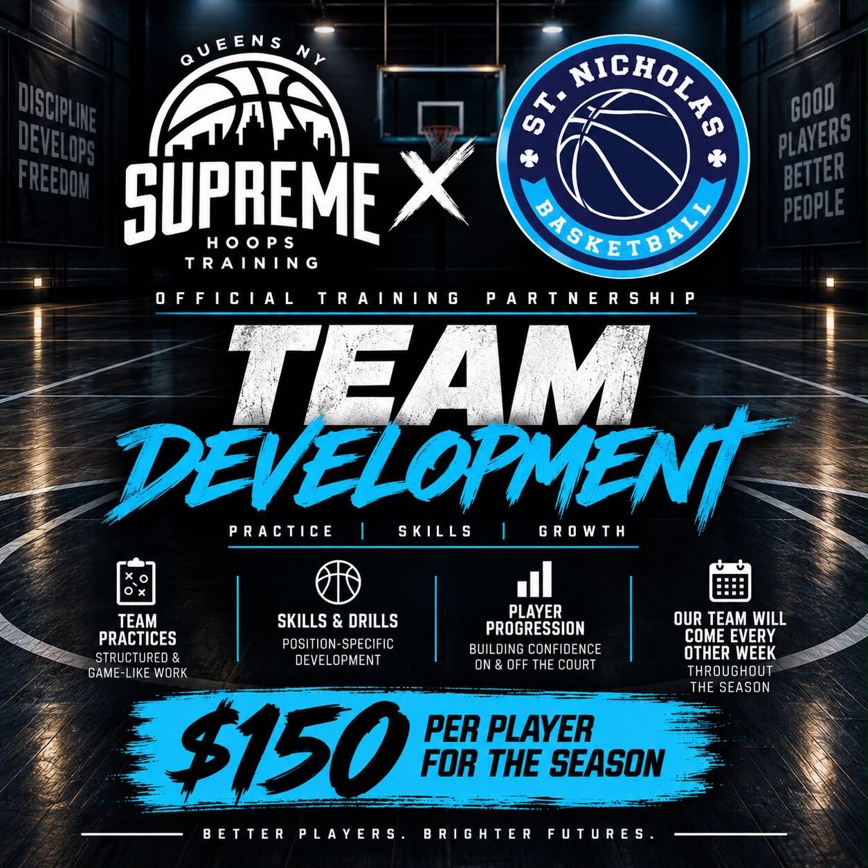 Supreme Hoops Training and St. Nicholas Basketball team development flyer: team practices, skills and drills, player progression, and training every other week throughout the season for $150 per player.